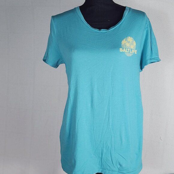 Salt Life Live Salty Pastel Green Yellow Cotton Cap Sleeve Palm Promenade Tee M - Picture 3 of 16